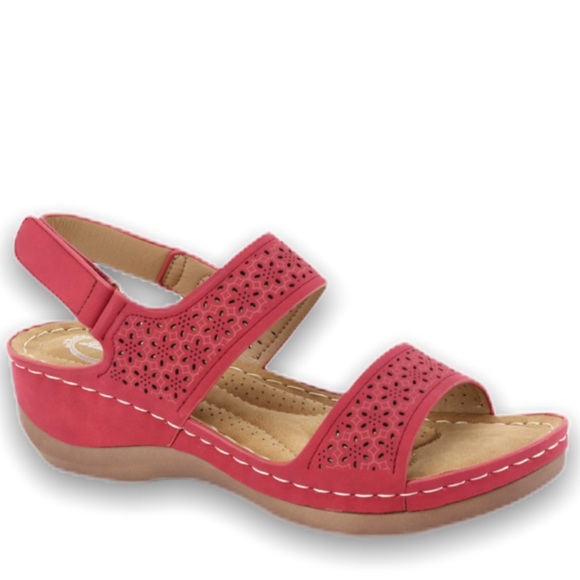 Italina Red Velcro Slingback Comfort Wedge Sandal - Picture 3 of 9